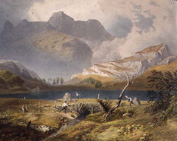 Langdale Pikes, fragment stawu, z „The English Lake District”, 1853 autorstwa James Baker Pyne