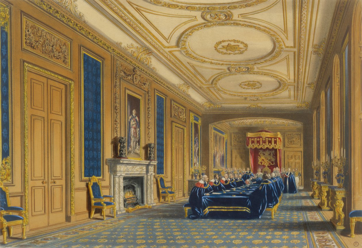 Sala tronowa, Zamek Windsor - Instalacja Orderu Podwiązki, 1838 autorstwa James Baker after Pyne