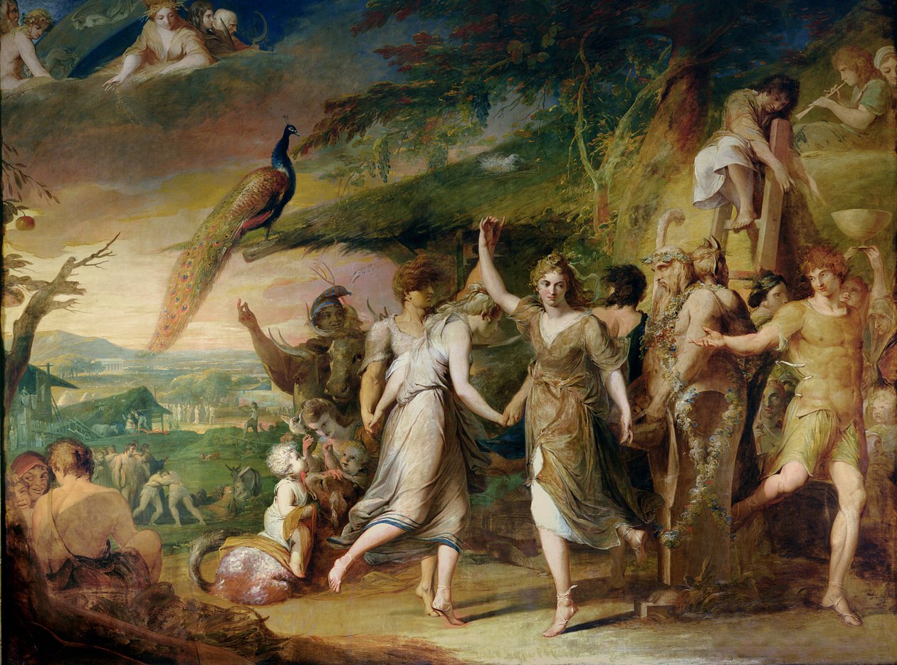 Grecki dom żniw, czyli Święto Dziękczynienia dla bóstw wiejskich, Ceres, Bachus Sylvanus i Pan, drugie w serii Postęp ludzkiej kultury i wiedzy, c.1777-84 autorstwa James Barry