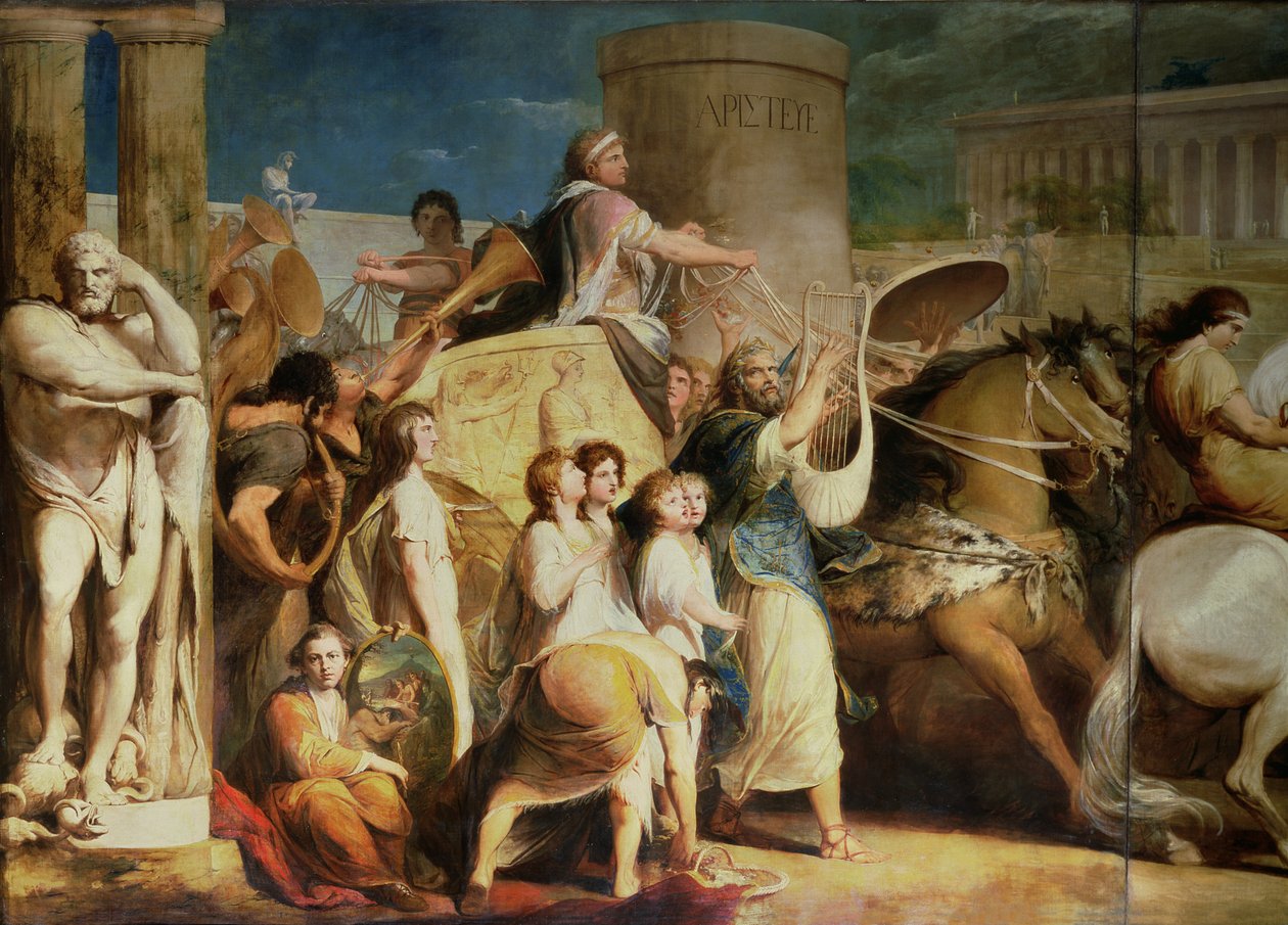 Ukoronowanie zwycięzców w Olimpii, trzecie z serii „Postęp ludzkiej kultury i wiedzy”, fragment woźnicy, Hiero z Syrakuz i zwycięzców, c.1777-84 autorstwa James Barry