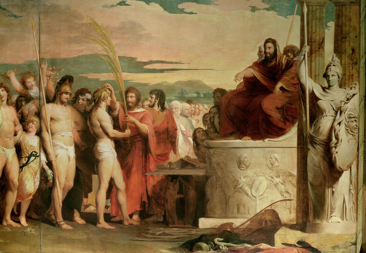 Ukoronowanie zwycięzców w Olimpii, trzecie z serii The Progress of Human Culture and Knowledge, szczegóły koronacji zwycięzców przed Hellanodicae, ok. 1777-84 (zob. 101472, 10 autorstwa James Barry