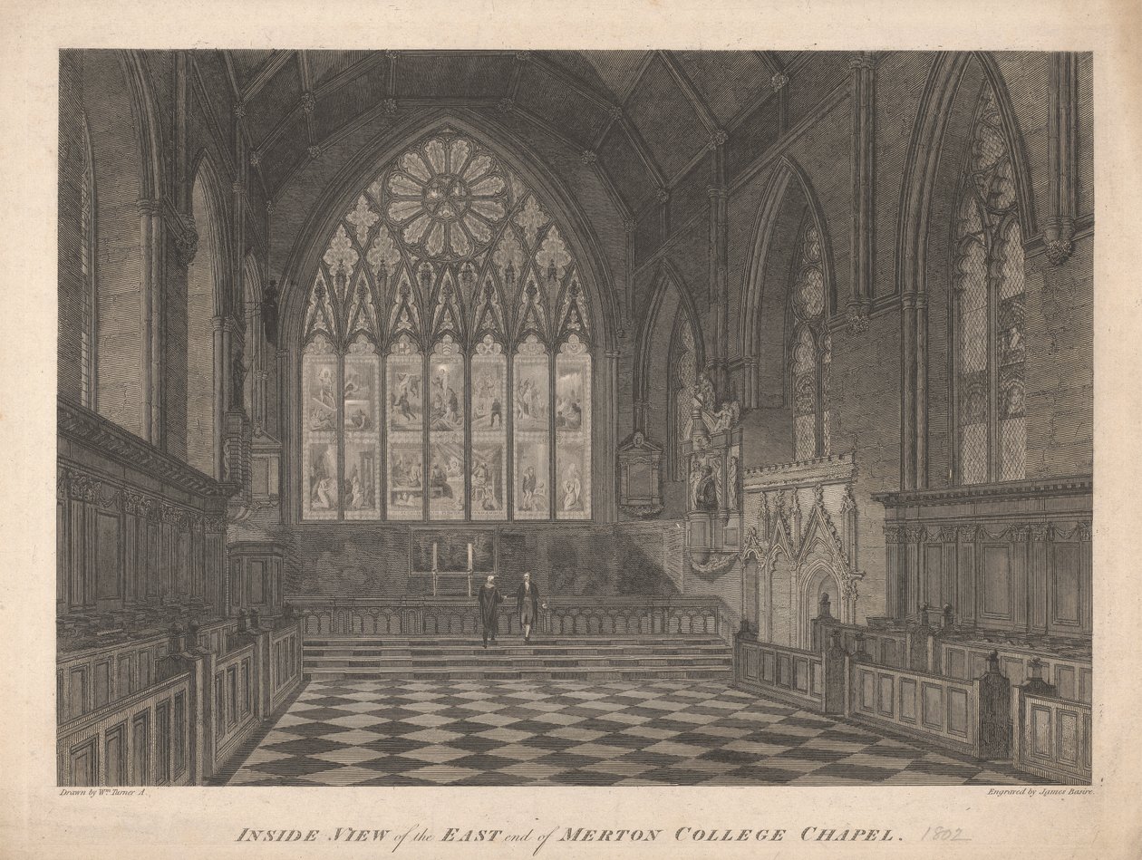 Widok wnętrza kaplicy East End w Merton College autorstwa James Basire