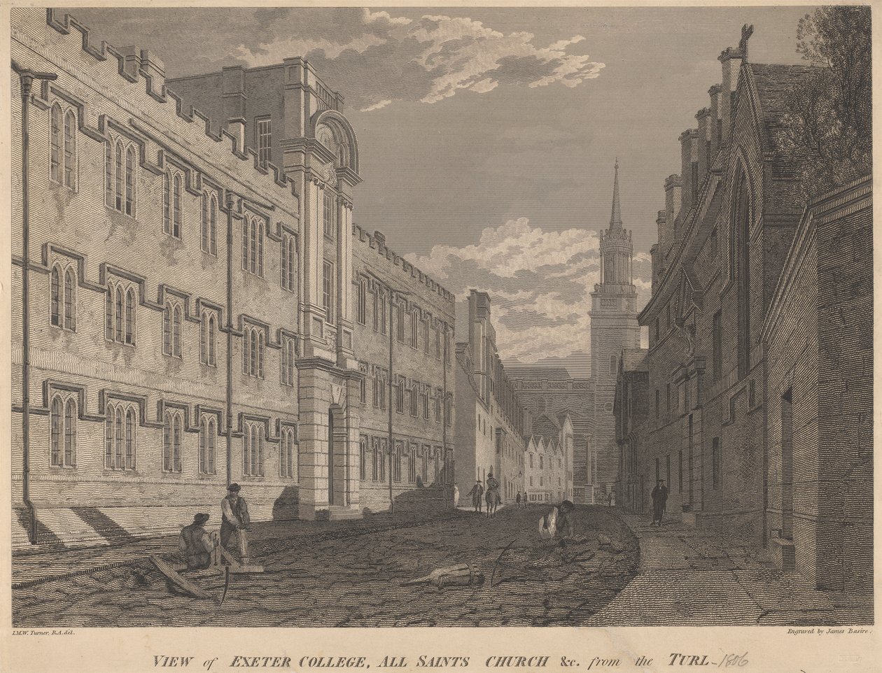 Widok Exeter College, Kościół Wszystkich Świętych, z Turl autorstwa James Basire