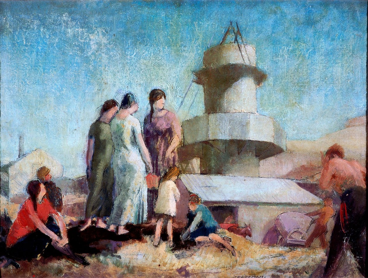 Palnik wapienny, ok. 1936 (ołówek, olej i wosk na panelu) autorstwa James Bateman