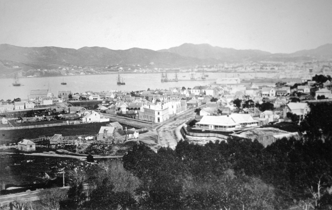 Lambton Harbour i Queens Wharf, Wellington, Nowa Zelandia, 1870 autorstwa James Bragge