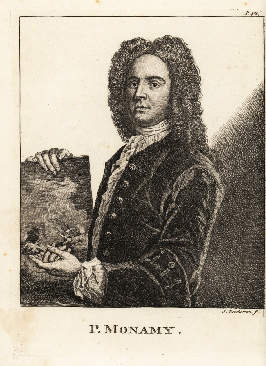 Portret Petera Monamy, angielskiego malarza marynistycznego, trzymającego scenę morską autorstwa James Bretherton