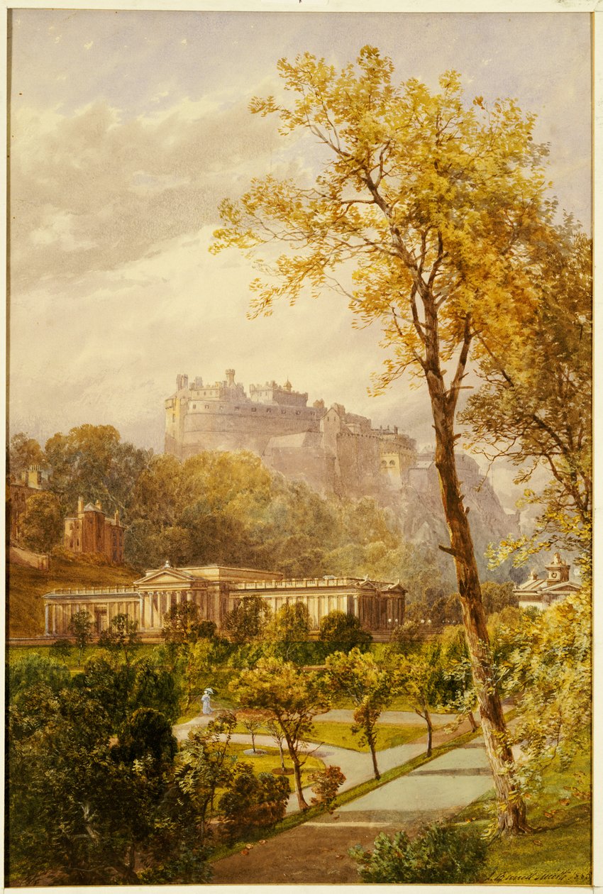 Widok na Princes Street Gardens i Galerię Narodową, Edynburg z widokiem na zachód w kierunku zamku, 1855 autorstwa James Burrell Smith