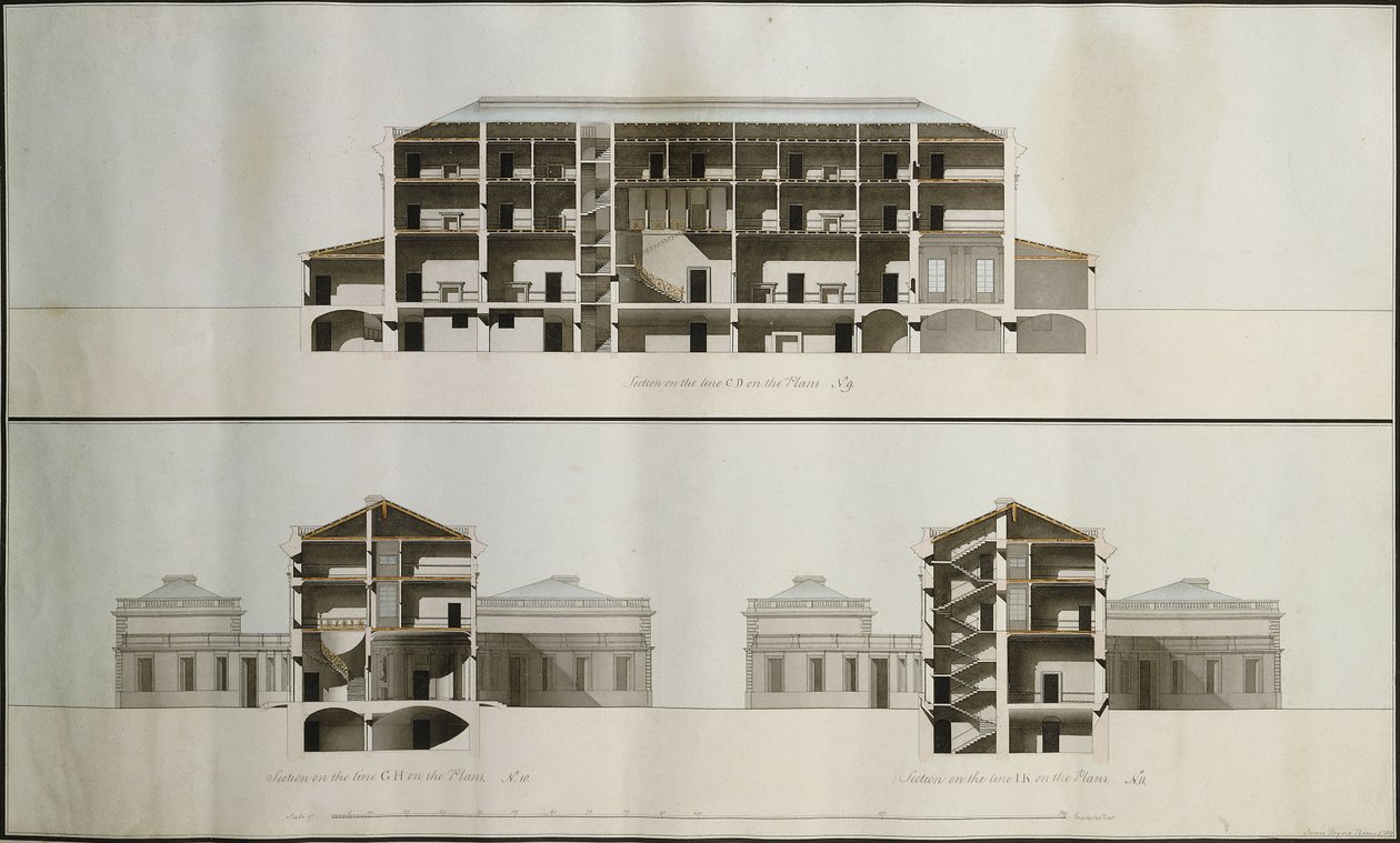 Projekty neoklasycystycznego domu dla Lorda Charleville: trzy sekcje autorstwa James Byres