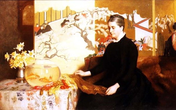 Dama z japońskim parawanem i złotą rybką (Portret matki artysty) autorstwa James Cadenhead