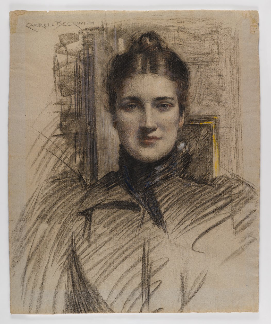 Portret Minnie Clark, lata 90. XIX wieku (węgiel z kredką lub pastel na szaroniebieskim papierze wykładanym) autorstwa James Carroll Beckwith