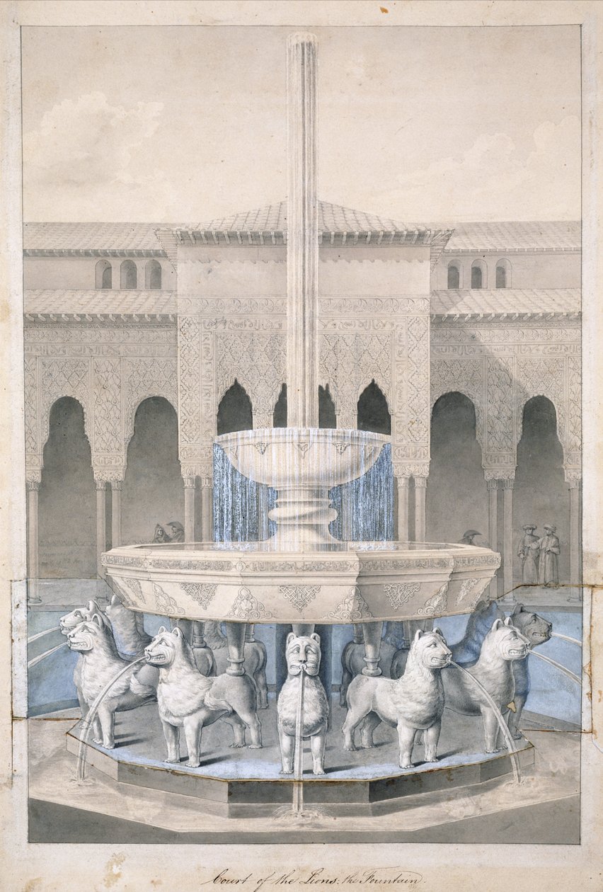 Fontanna na Dworze Lwów, Alhambra, z Arabskich Starożytności Hiszpanii, opublikowana w 1815 r. (ręcznie kolorowana grawerunek) autorstwa James Cavanagh Murphy