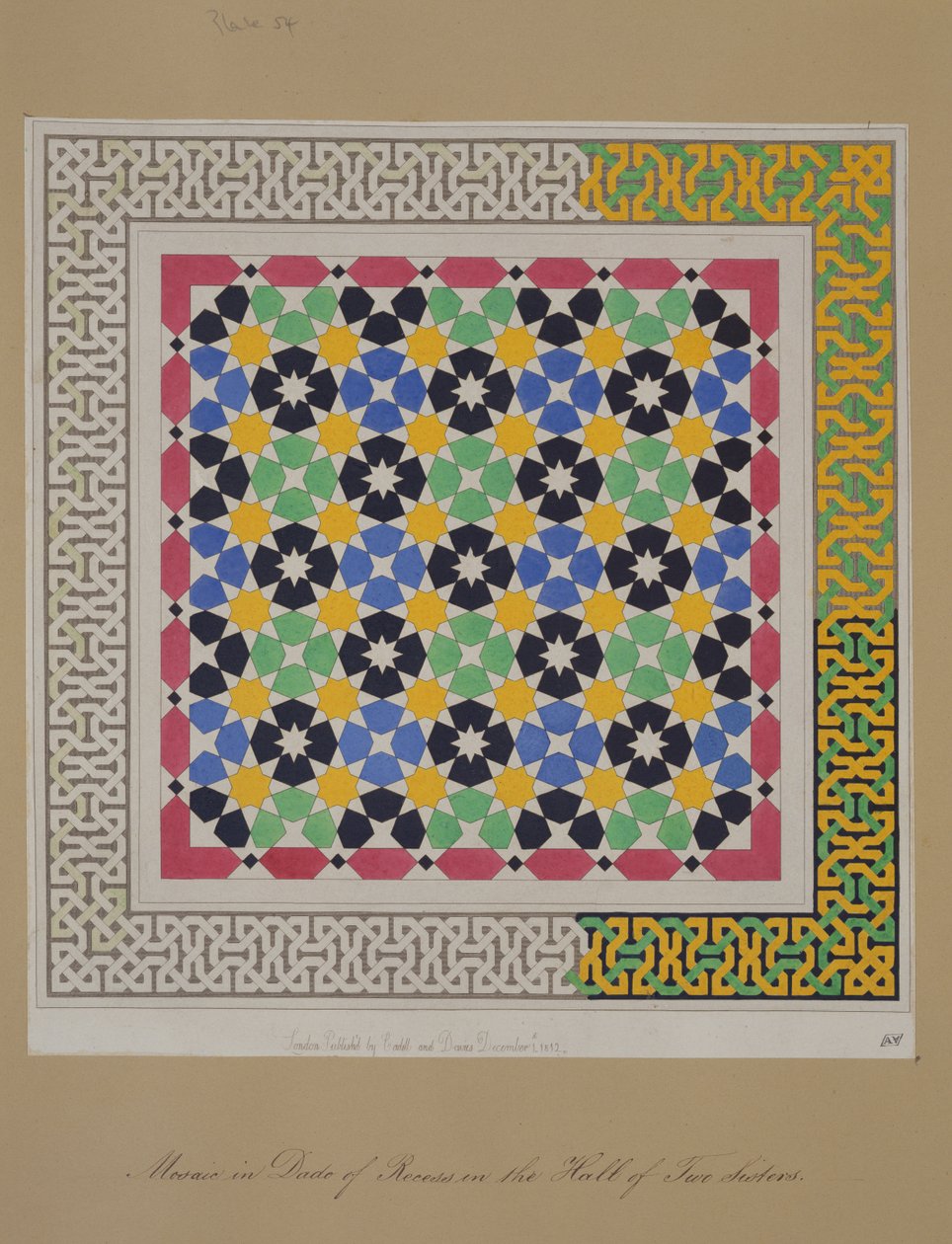 Mozaika in dado wnęki w Sali Dwóch Sióstr, Alhambra, z „Arabskich Starożytności Hiszpanii”, opublikowana w 1812 r. autorstwa James Cavanagh Murphy