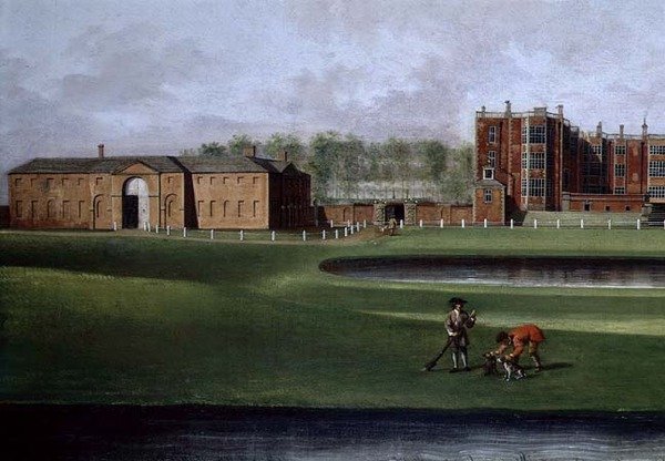 Widok Temple Newsam House, fragment ujeżdżalni, ok. 1750 (olej na płótnie) (zob. także 128852) autorstwa James Chapman