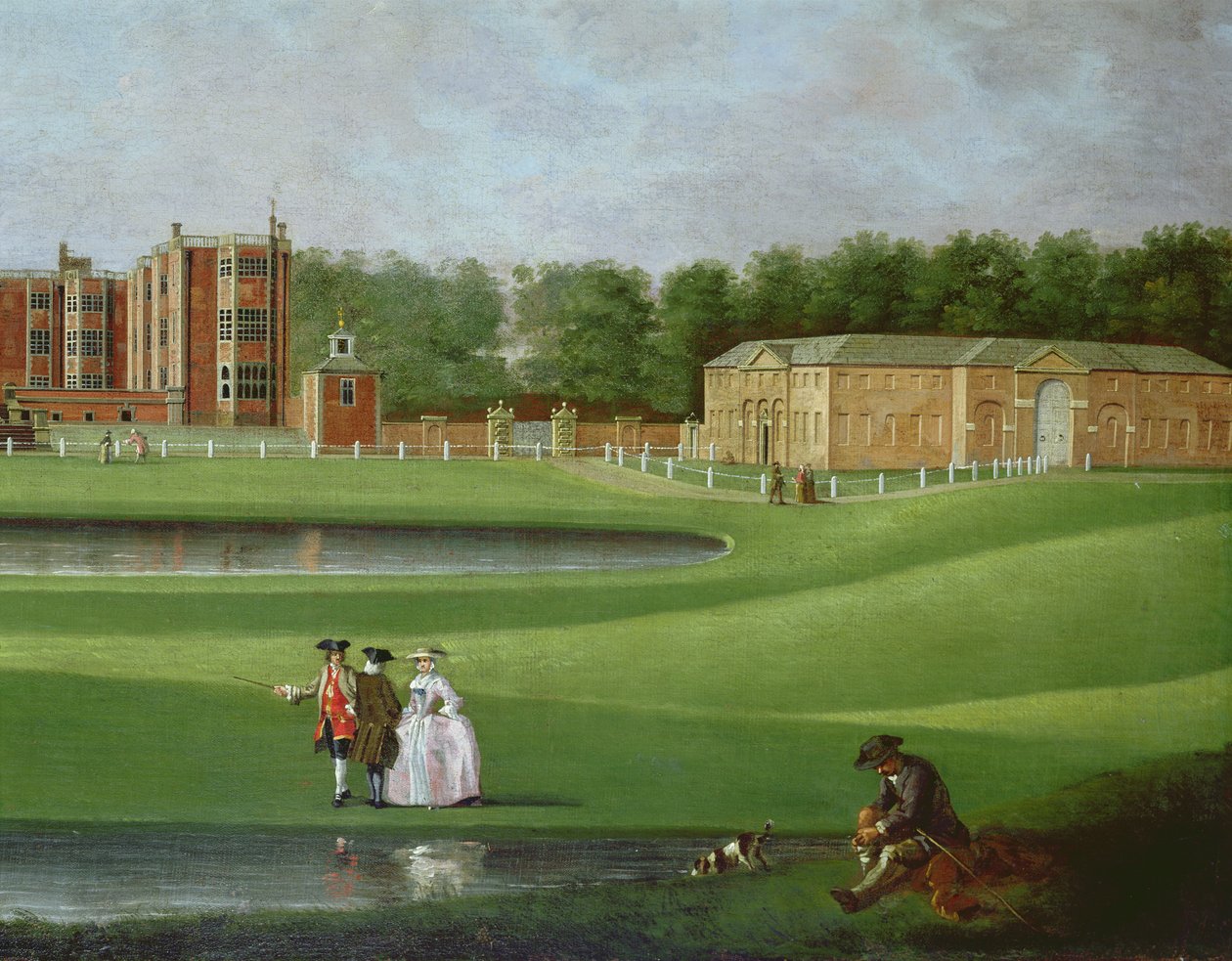 Widok Temple Newsam House, fragment stajni, ok. 1750 (olej na płótnie) (zob. także 128852) autorstwa James Chapman