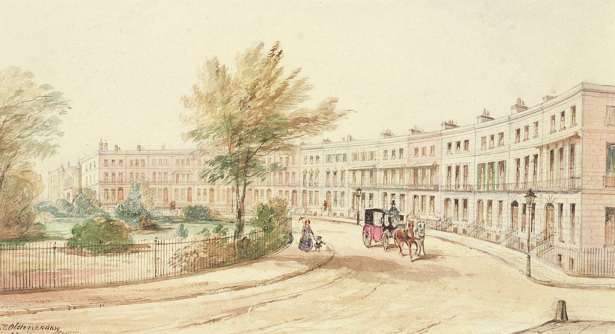 Royal Crescent, Cheltenham, ok. 1850 (wc na papierze) autorstwa James Charles Oldmeadow