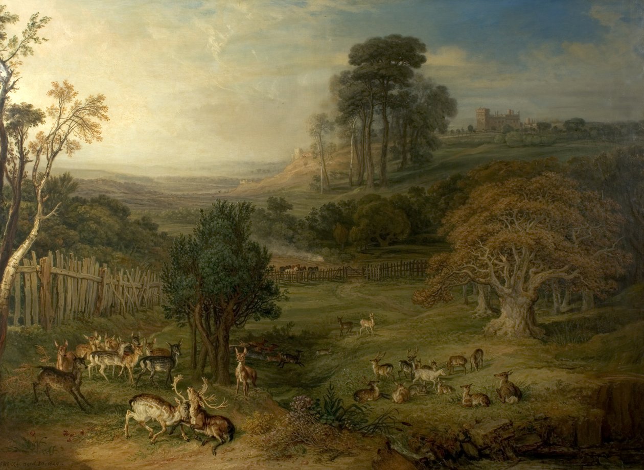 Zroszony poranek (Pojedynek jeleni), 1849 autorstwa James Charles Ward