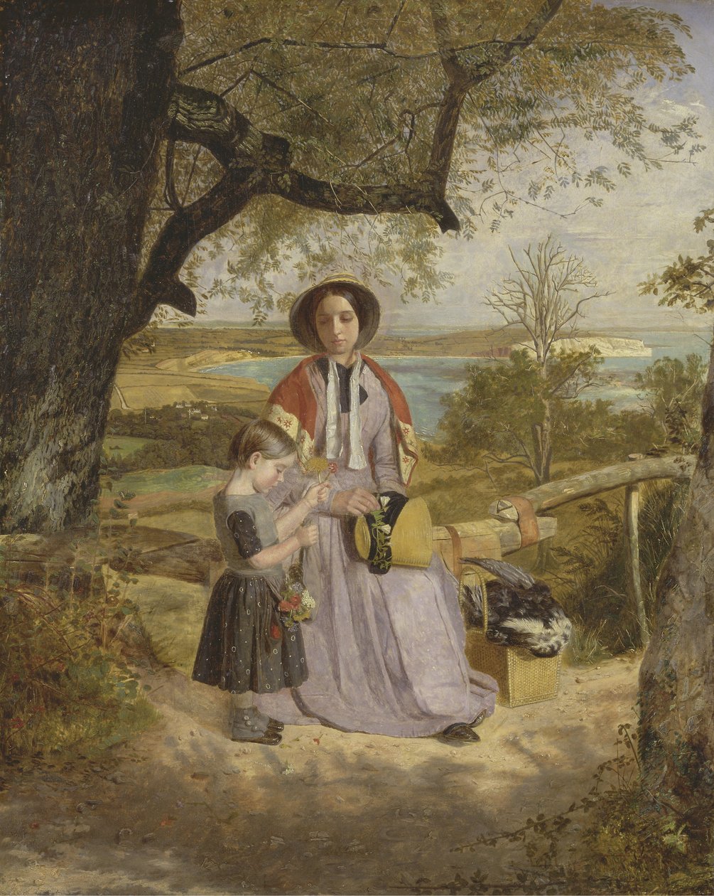 Matka i dziecko przy Stile, w oddali Culver Cliff, Isle of Wight, ok. 1849-50 (olej na panelu) autorstwa James Collinson
