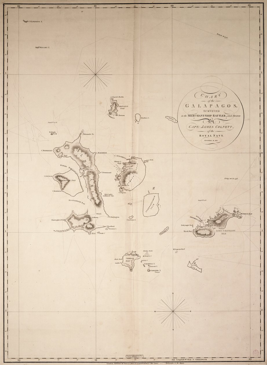 Mapa Galapagos, zbadana na statku handlowym "Rattler" i narysowana przez kapitana Jamesa Colnetta z Królewskiej Marynarki Wojennej. Poprawki do roku 1832. autorstwa James Colnett