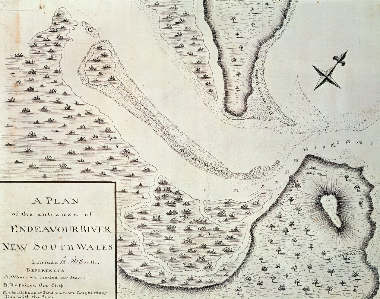 Mapa wejścia do rzeki Endeavour, mapa z relacji z pierwszej podróży prowadzonej przez Jamesa Cooka (1728-1779) w latach 1768-1771, Australia autorstwa James Cook