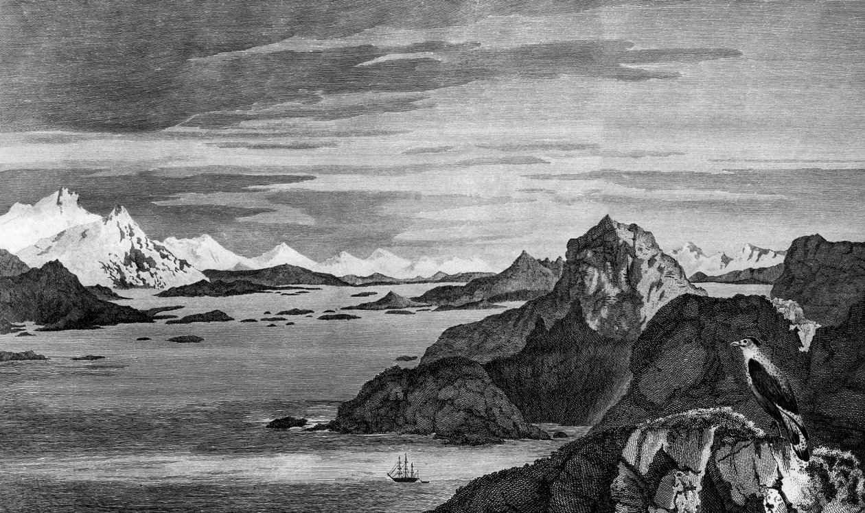 Widok Christmas Sound, Tierra del Fuego, rysunek Williama Hodgesa, rycina Williama Wattsa, ilustracja z „Podróży w stronę bieguna południowego” i „Round World” autorstwa Jamesa Cooka (1728-1779), wydanie opublikowane w Paryżu w 1778 r. autorstwa James Cook