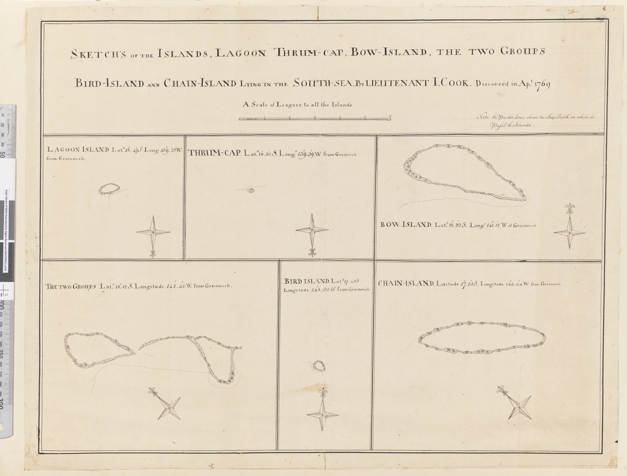 iii. Szkice wysp Lagoon, Thrum-Cap, Bow-Island, Dwóch Grup, Bird Island i Chain Island, leżące na południu, Morze... odkryte w Apl 1769 autorstwa James Cook