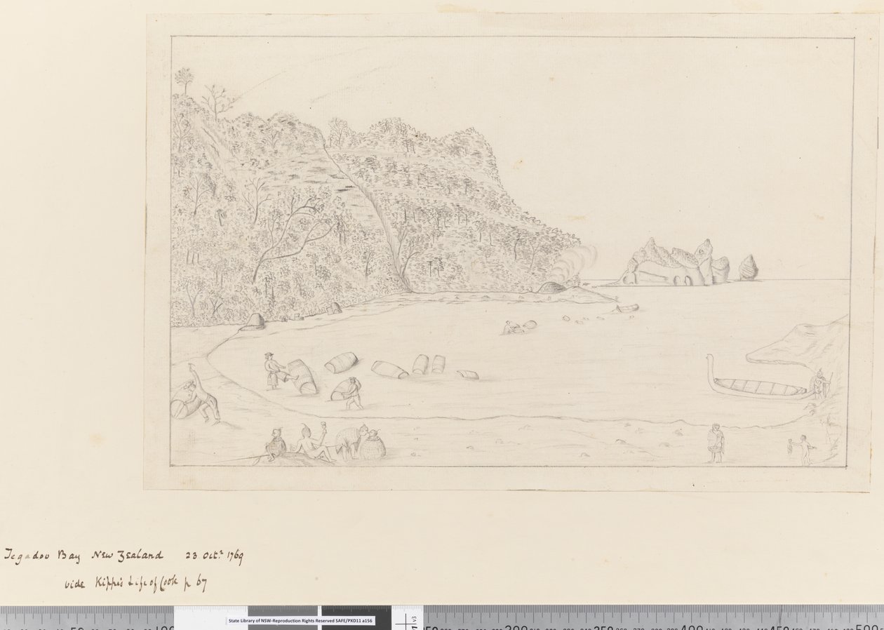 iv. Widok na Watering Place Tegadoo Bay, Nowa Zelandia, 23 października 1769 autorstwa James Cook