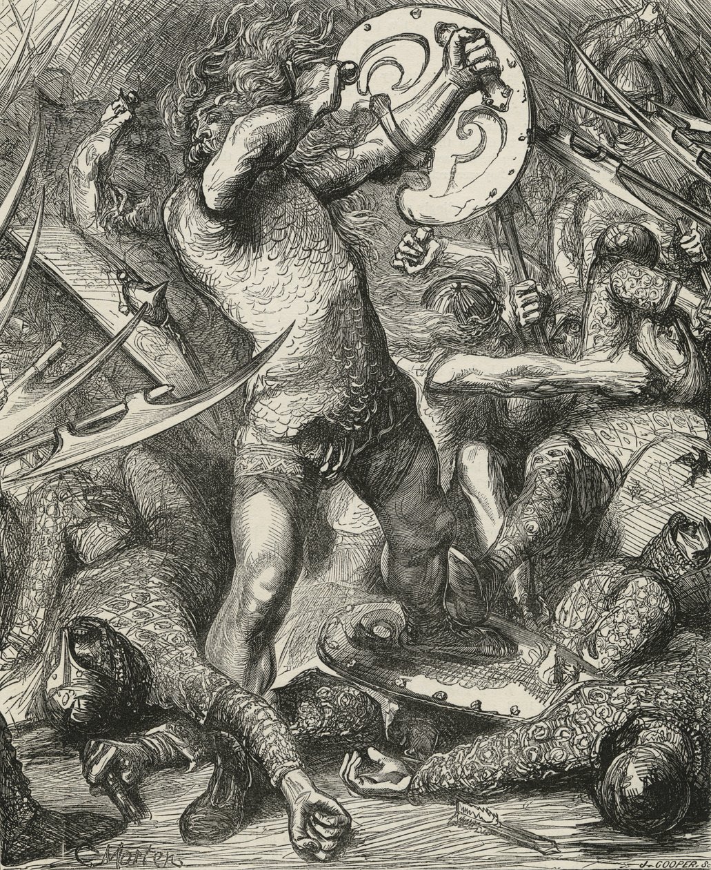 Hereward przedziera się przez zastępy Normanów autorstwa James Cooper