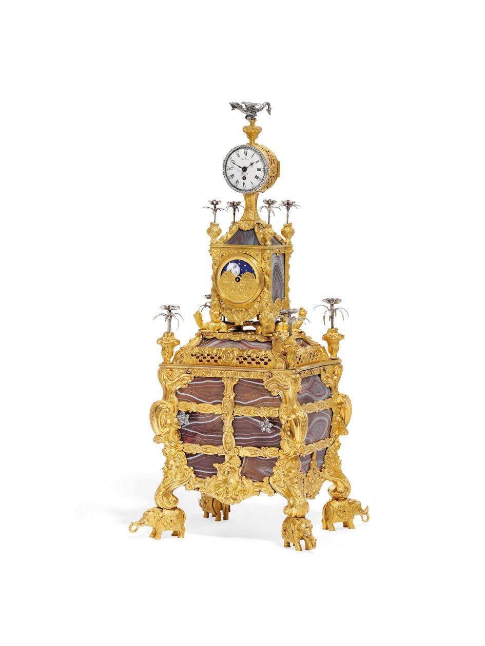 Zegar stołowy z czasomierzem muzycznym George III, ok. 1766 (ormolu, srebro i agat) (patrz także 1860) autorstwa James Cox
