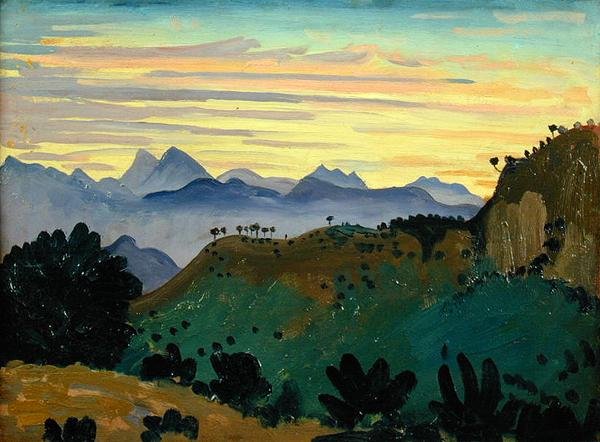 Zachód słońca, Sierra da Ronda, ok. 1912 (olej na panelu) autorstwa James Dickson Innes