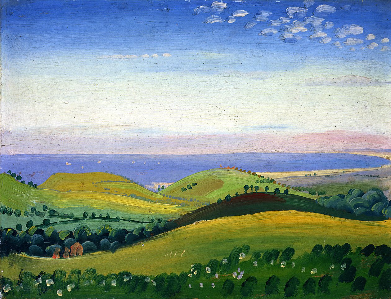 Widok z Białego Harta, Guestling, Sussex, ok. 1911-12 (olej na panelu) autorstwa James Dickson Innes