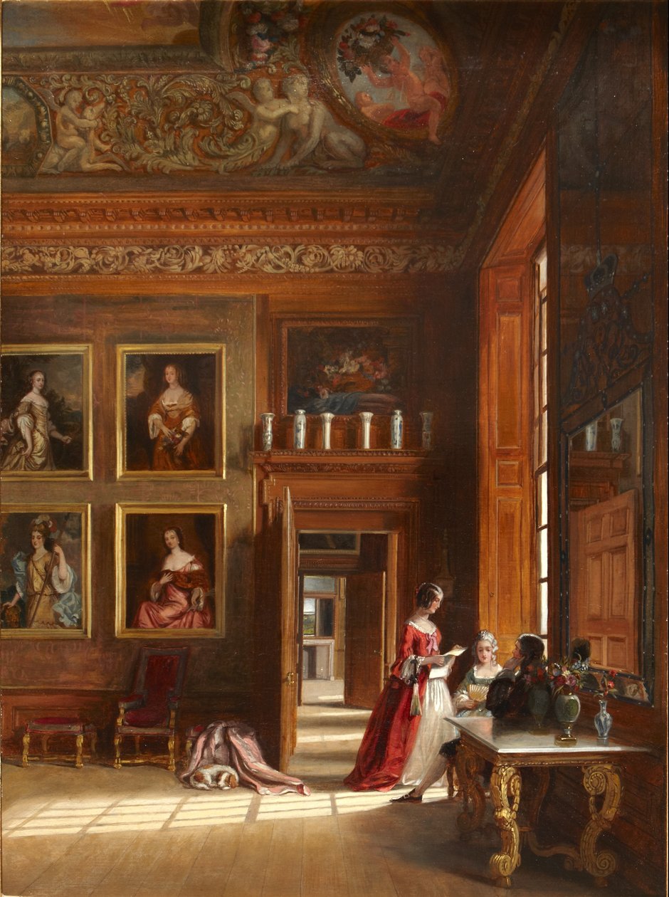 Romantyczny widok Wielkiej Sypialni Króla z grupą ludzi w XVII-wiecznych strojach, ok. 1703-05 (olej na płótnie) autorstwa James Digman Wingfield