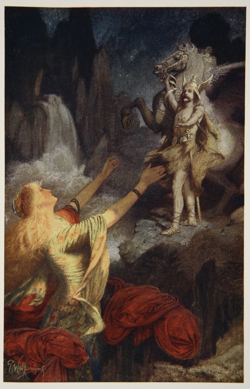 Hundingsbanes powracają do Valhal, ilustracja z „Teutonic Myths and Legends” Donalda A. Makenzie, 1890 autorstwa James Doyle Penrose