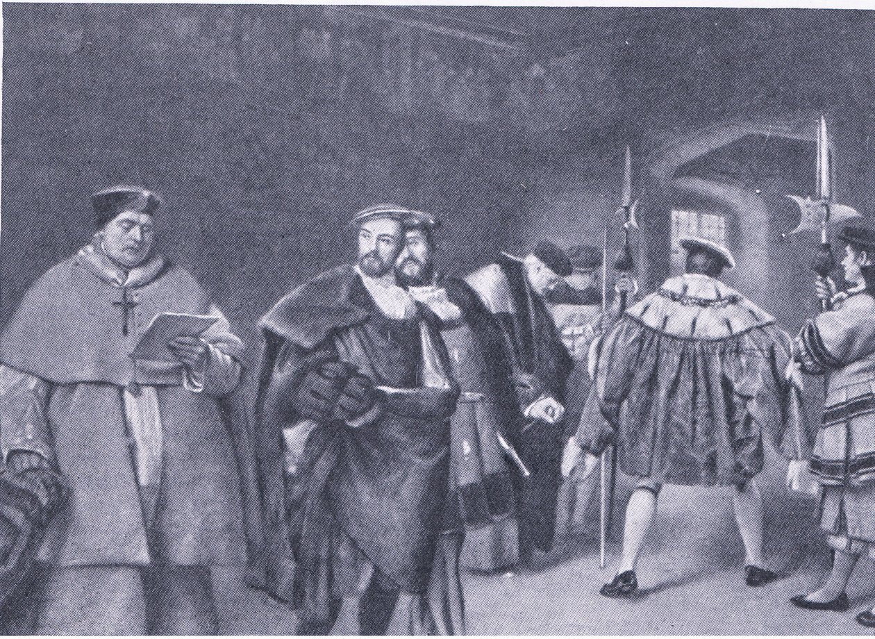 Zwolnienie kardynała Wolseya przez króla Henryka VIII z Cassells History of the British People opublikowanej przez Waverley Book Company, c. 1950 autorstwa James Dromgole Linton