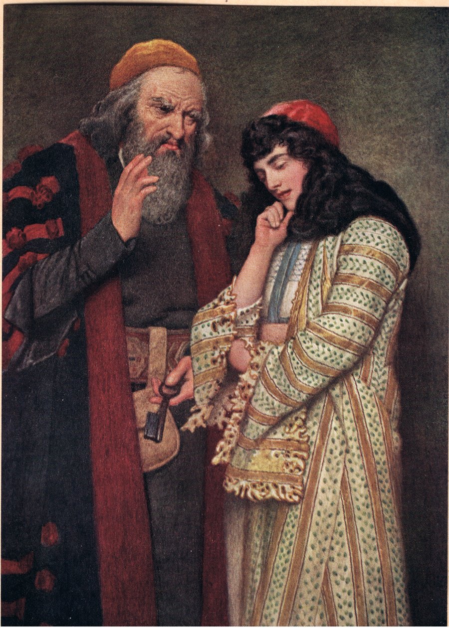 Shylock i Jessica, ilustracja z „Kupca weneckiego”, ok. 1910 autorstwa James Dromgole Linton