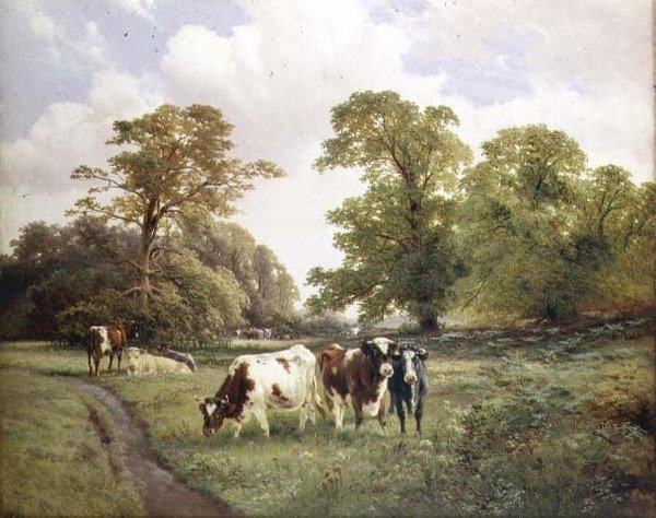 Bydło pasące się przy ścieżce w zalesionym krajobrazie autorstwa James Duffield Harding