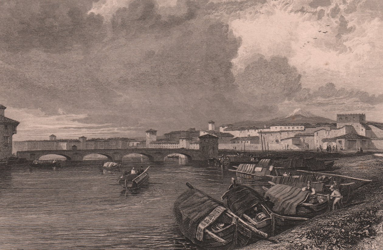 Widok rzeki Arno w Pizie, Toskania, Włochy, staloryt Thomasa Highama (1796-1844) według rysunku Jamesa Duffielda Hardinga (1798-1863) autorstwa James Duffield Harding