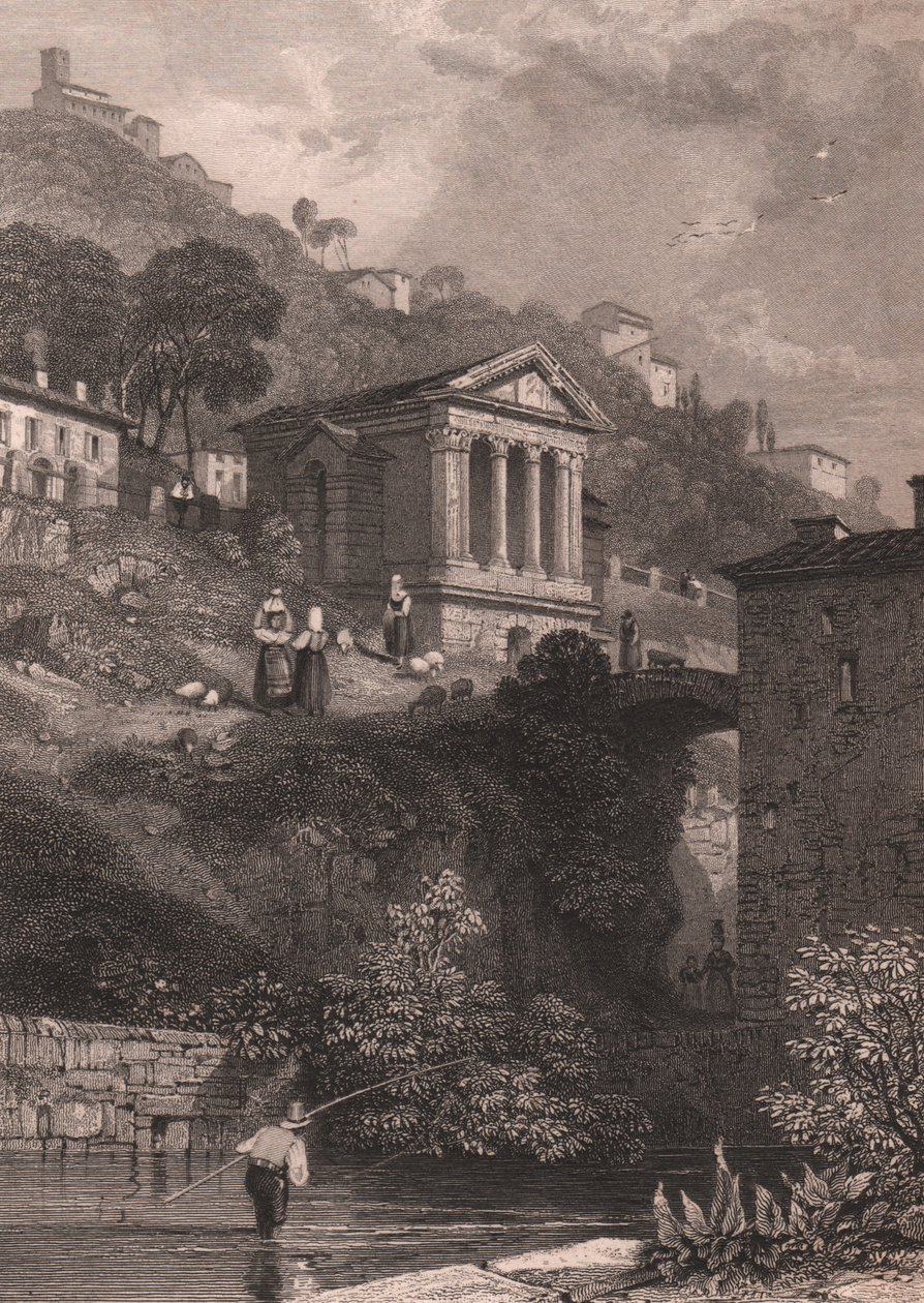 Widok świątyni Clitumnusa wzdłuż rzeki Clitunno w pobliżu Campello sul Clitunno, Umbria, Włochy, staloryt autorstwa Jordana według rysunku Jamesa Duffielda Hardinga (1798-1863), około 10, 5x15 cm autorstwa James Duffield Harding