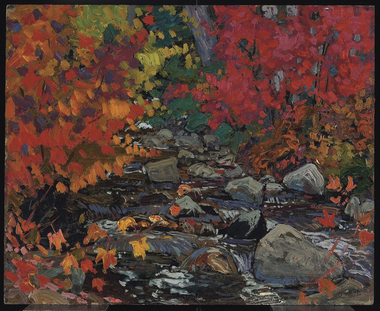 Jesienne liście, Batchewana, Algoma, ok. 1919 (olej na kompozytowej desce z pulpy drzewnej) autorstwa James Edward Hervey Macdonald