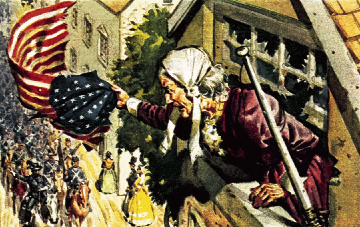 Barbara Frietchie dzwoniąca do generała Sonewella Jacksona podczas amerykańskiej wojny secesyjnej autorstwa James Edwin McConnell