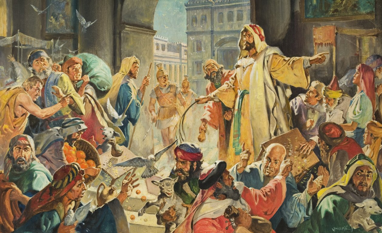 Jezus usuwający ze świątyni pożyczkodawców (gwasz na papierze) autorstwa James Edwin McConnell