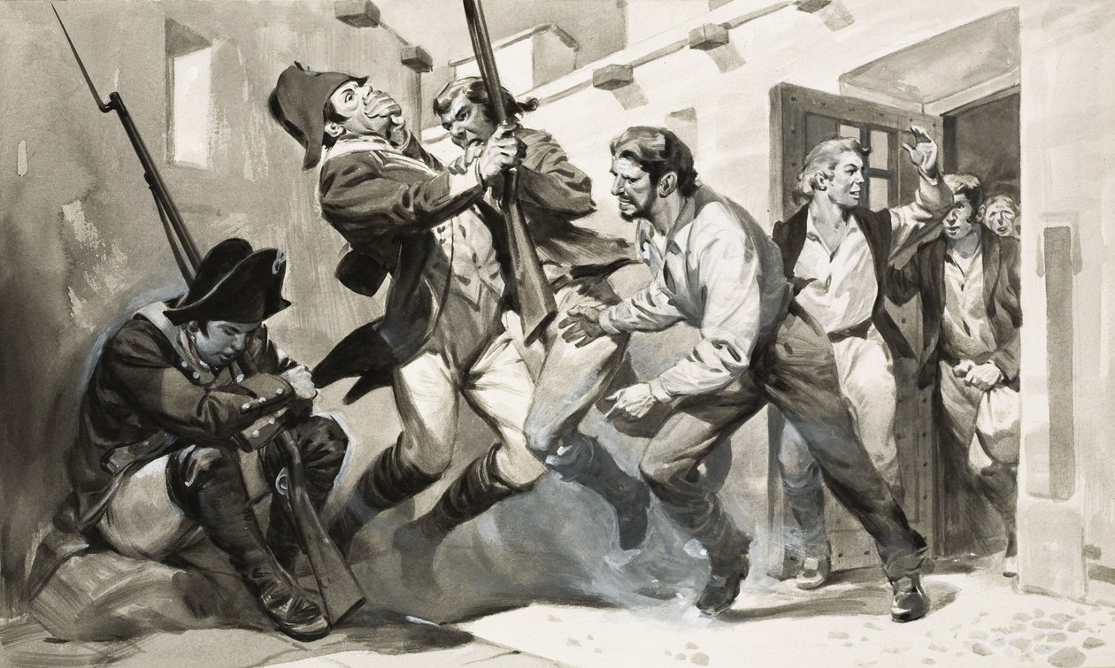 William Scoresby ucieka z hiszpańskiego więzienia (gwasz na papierze) autorstwa James Edwin McConnell