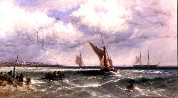 Łodzie rybackie wpływające na brzeg z dwoma kapitanami w Anchor Beyond autorstwa James Edwin Meadows