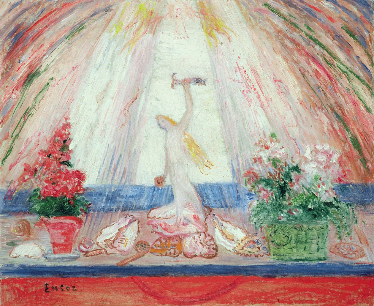 „Kwiaty ziemi, flora morza w śmiechu światła” (olej na płótnie) autorstwa James Ensor