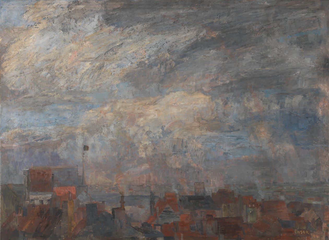 Rozległy widok ponad dachami Ostendy autorstwa James Ensor