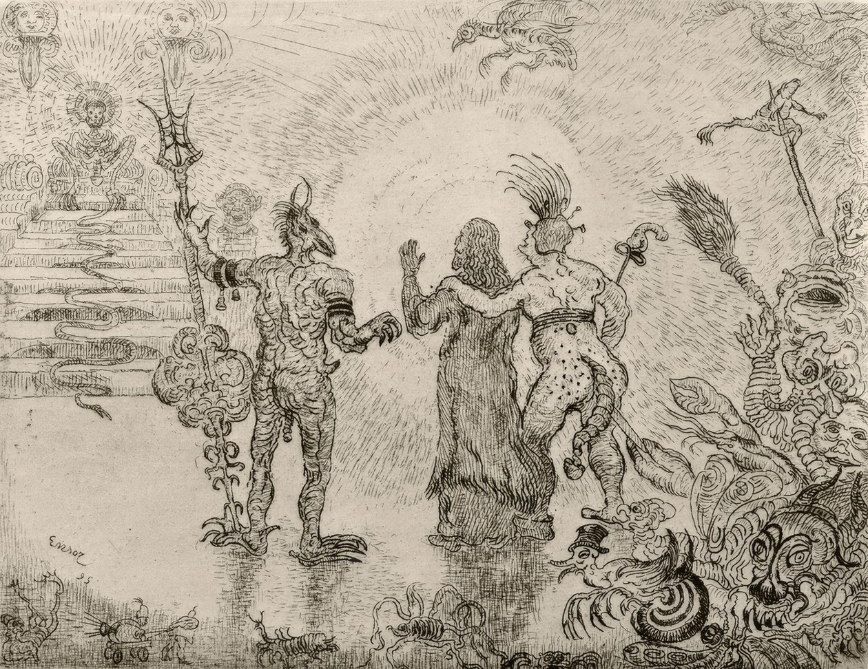 Diabły Dzitts i Hihanox prowadzą Chrystusa do piekła - Demony Dzitts w Hihanox prowadzą Chrystusa do piekła autorstwa James Sidney Ensor