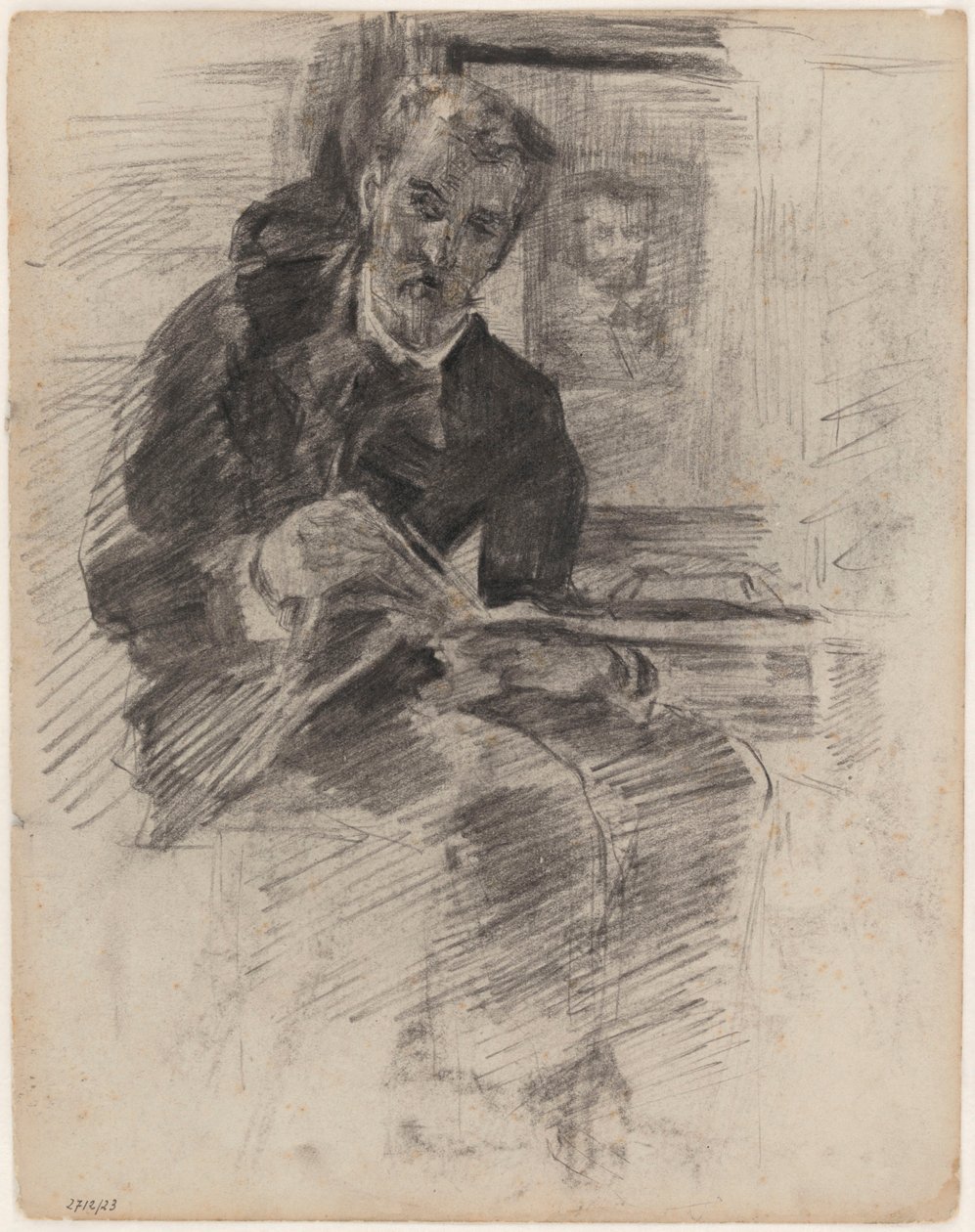 Czytający mężczyzna (w rzeczywistości: Willy Finch siedzący przy stole, z paletą i pędzlami w ręku) autorstwa James Ensor