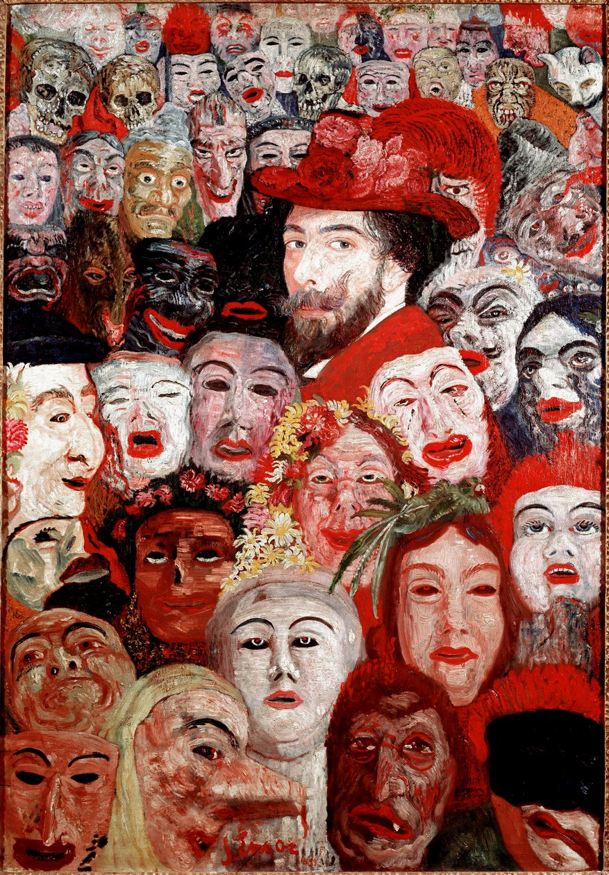 Autoportret w otoczeniu masek Malarstwo James Ensor (1860-1949) 1899 Wymiary. 120x180 cm Kolekcja prywatna autorstwa James Ensor
