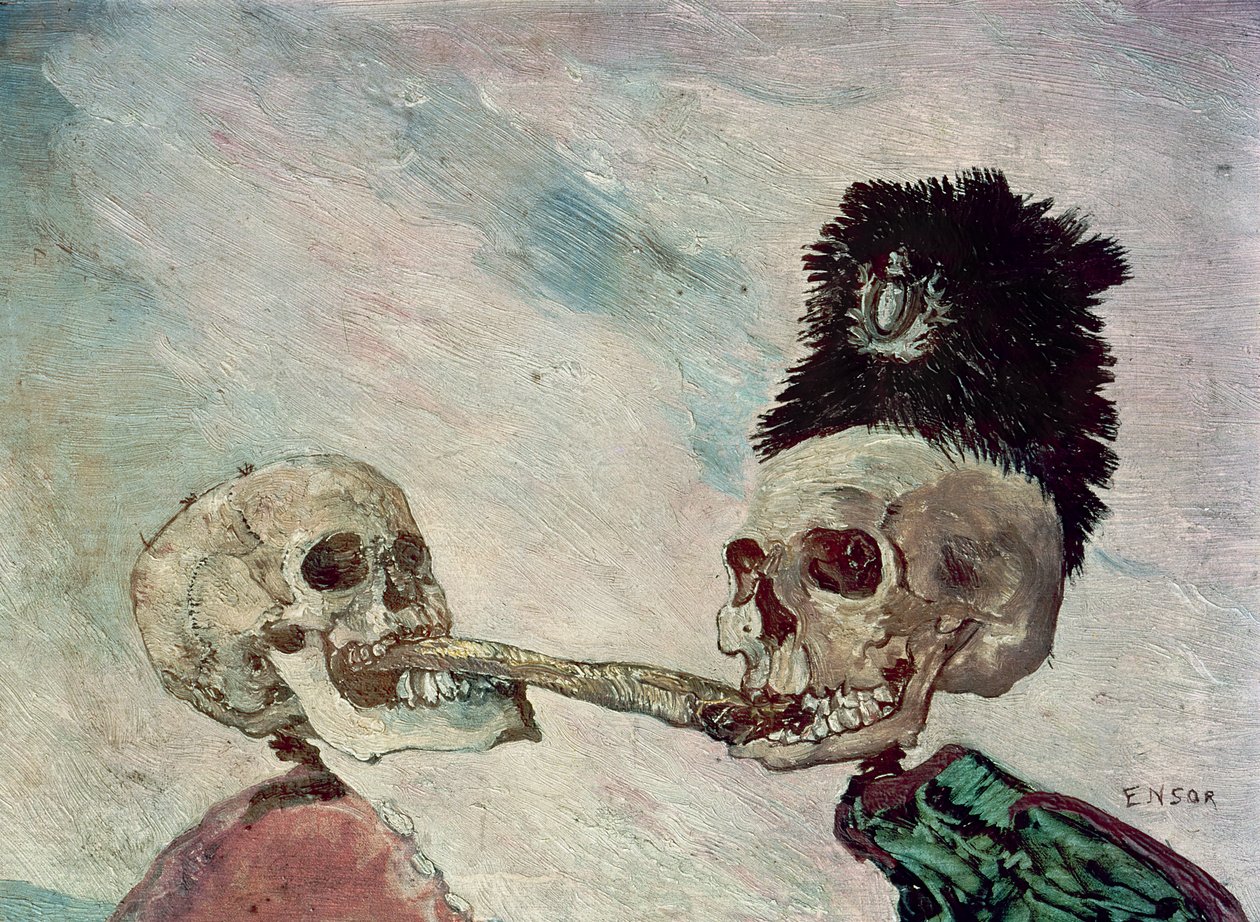 Esqueletos brigando por um polidor de arenque (óleo sobre painel) autorstwa James Ensor