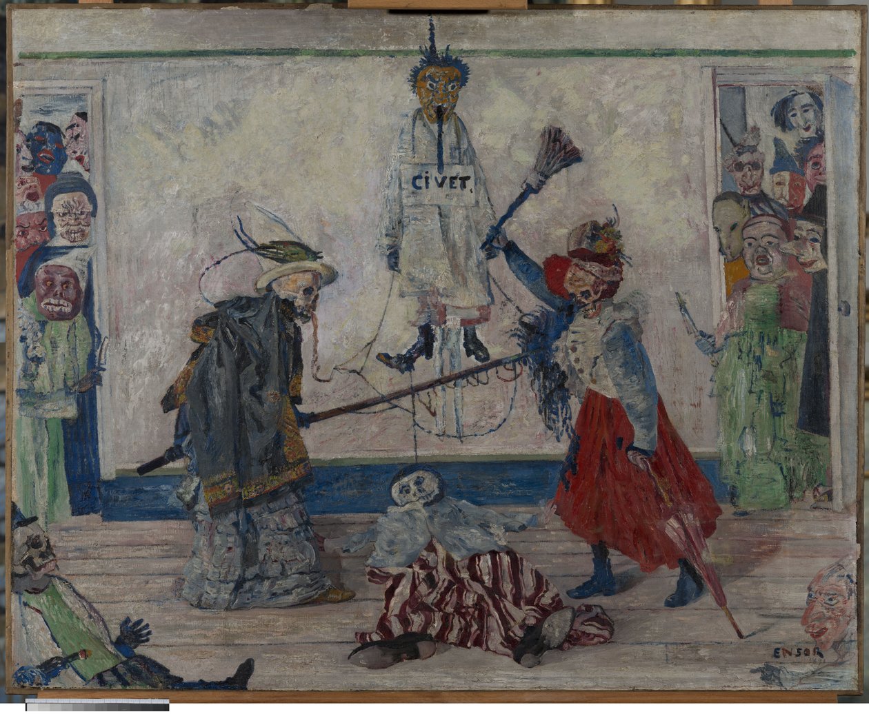 Szkielety walczące o ciało powieszonego mężczyzny autorstwa James Ensor