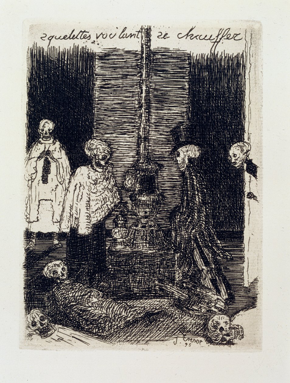 Szkielety próbujące się ogrzać autorstwa James Ensor